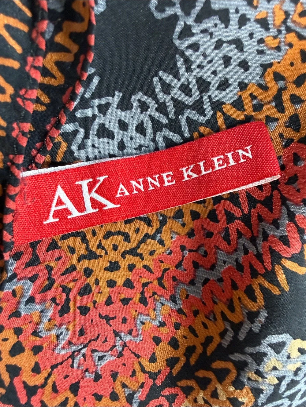 Anne Klein silk scarf black orange pink yellow blue squiggle line plaid print